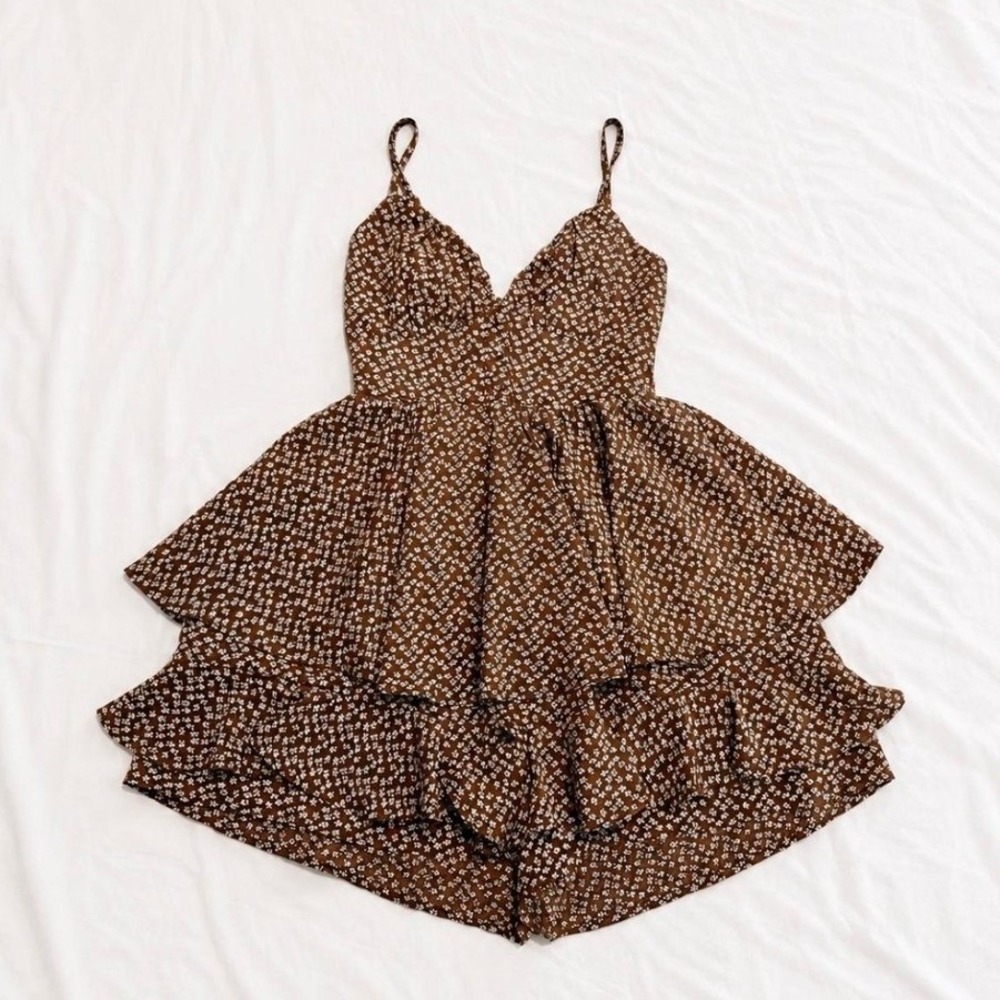 Princess Polly Brown Ditsy Floral Cottagecore Ruffle Romper Size 2